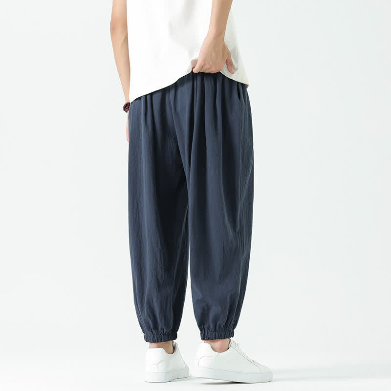 Buddha Stones 夏物カジュアルボヘミアンドローストリング無地コットンクロップドパンツメンズハーレムパンツポケット付き - image 46