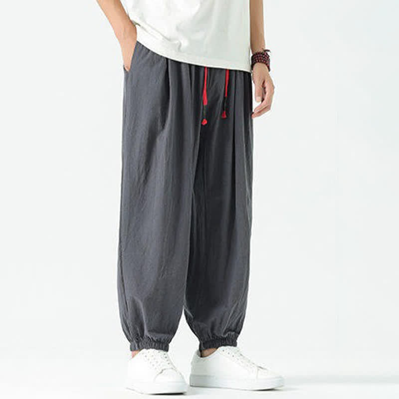 Buddha Stones 夏物カジュアルボヘミアンドローストリング無地コットンクロップドパンツメンズハーレムパンツポケット付き - image 43