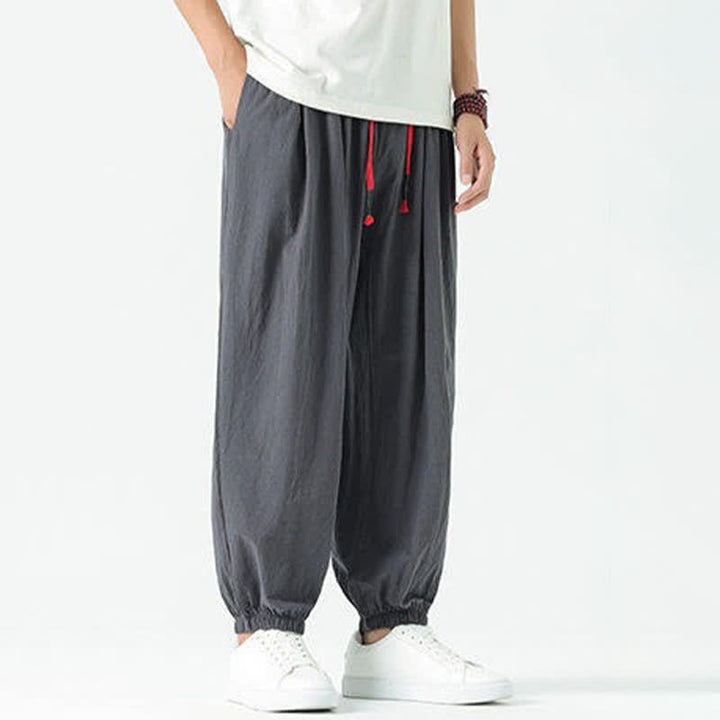 Buddha Stones 夏物カジュアルボヘミアンドローストリング無地コットンクロップドパンツメンズハーレムパンツポケット付き - image 43