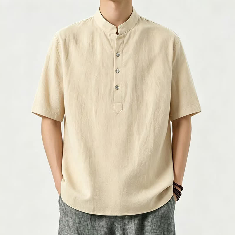 Buddha Stones 夏物カジュアル マンダリンカラー 無地 メンズ半袖シャツ - カーキ - US/UK/AU46, EU56 （5XL） - image 0