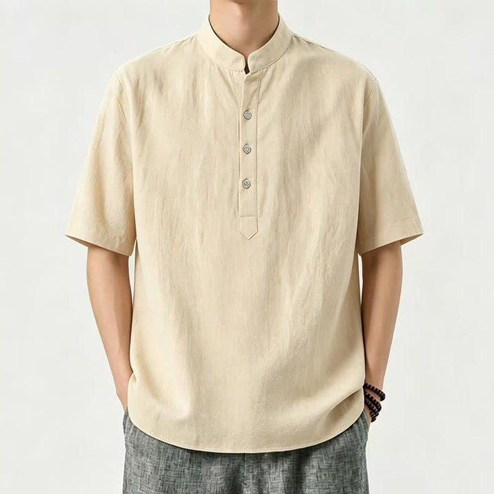 Buddha Stones 夏物カジュアル マンダリンカラー 無地 メンズ半袖シャツ - カーキ - US/UK/AU46, EU56 （5XL） - image 0