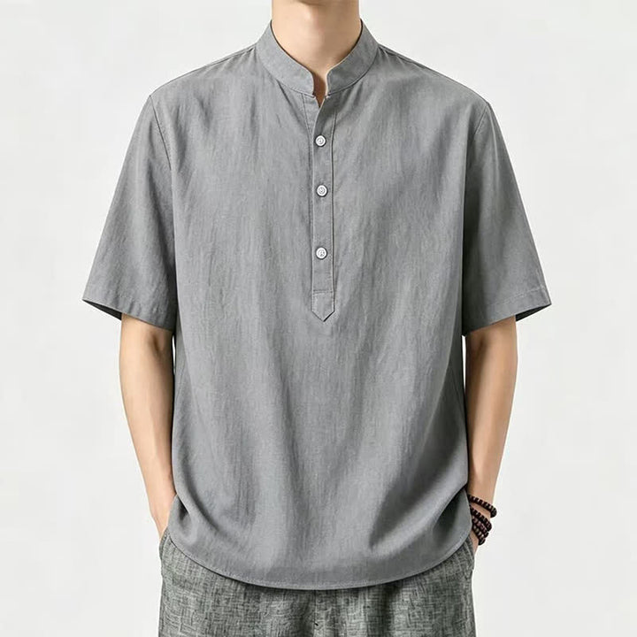 Buddha Stones 夏物カジュアル マンダリンカラー 無地 メンズ半袖シャツ - グレー - US/UK/AU46, EU56 （5XL） - image 4