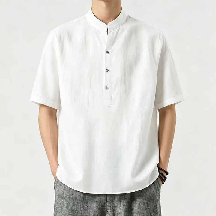 Buddha Stones 夏物カジュアル マンダリンカラー 無地 メンズ半袖シャツ - 白 - US/UK/AU46, EU56 （5XL） - image 6