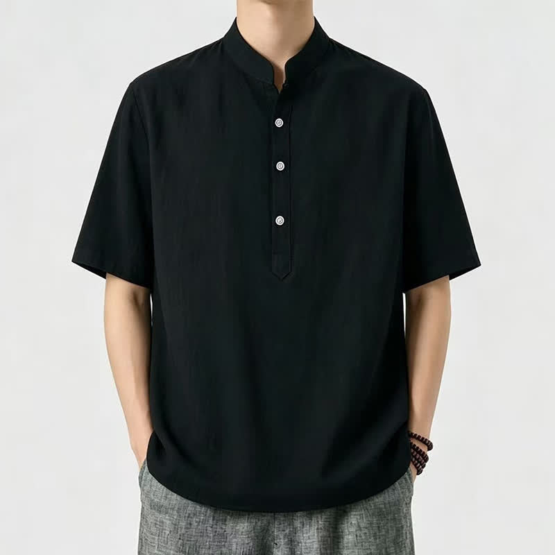 Buddha Stones 夏物カジュアル マンダリンカラー 無地 メンズ半袖シャツ - 黒 - US/UK/AU46, EU56 （5XL） - image 2