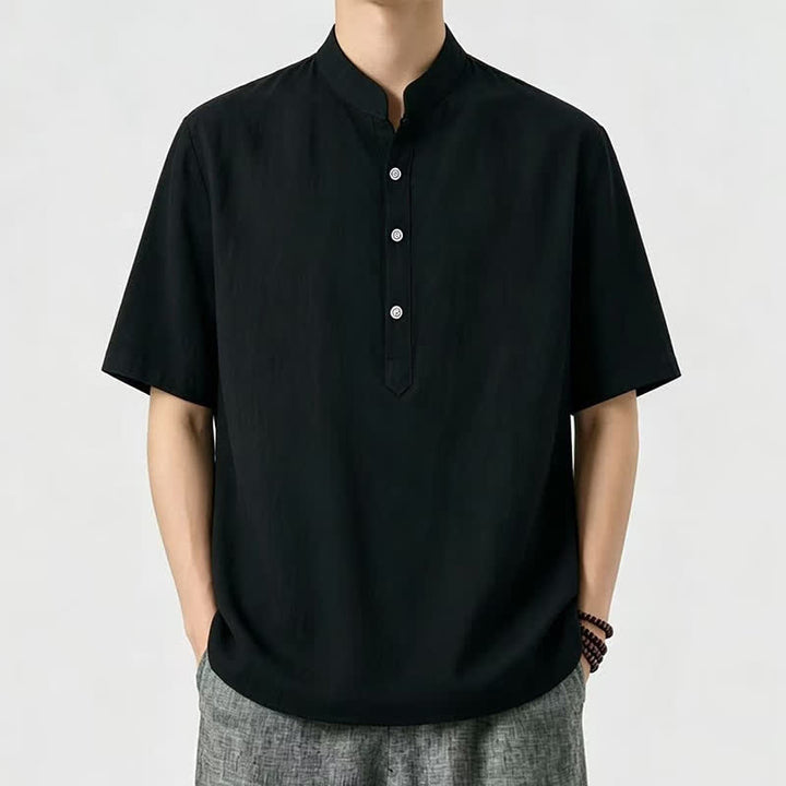 Buddha Stones 夏物カジュアル マンダリンカラー 無地 メンズ半袖シャツ - 黒 - US/UK/AU46, EU56 （5XL） - image 2
