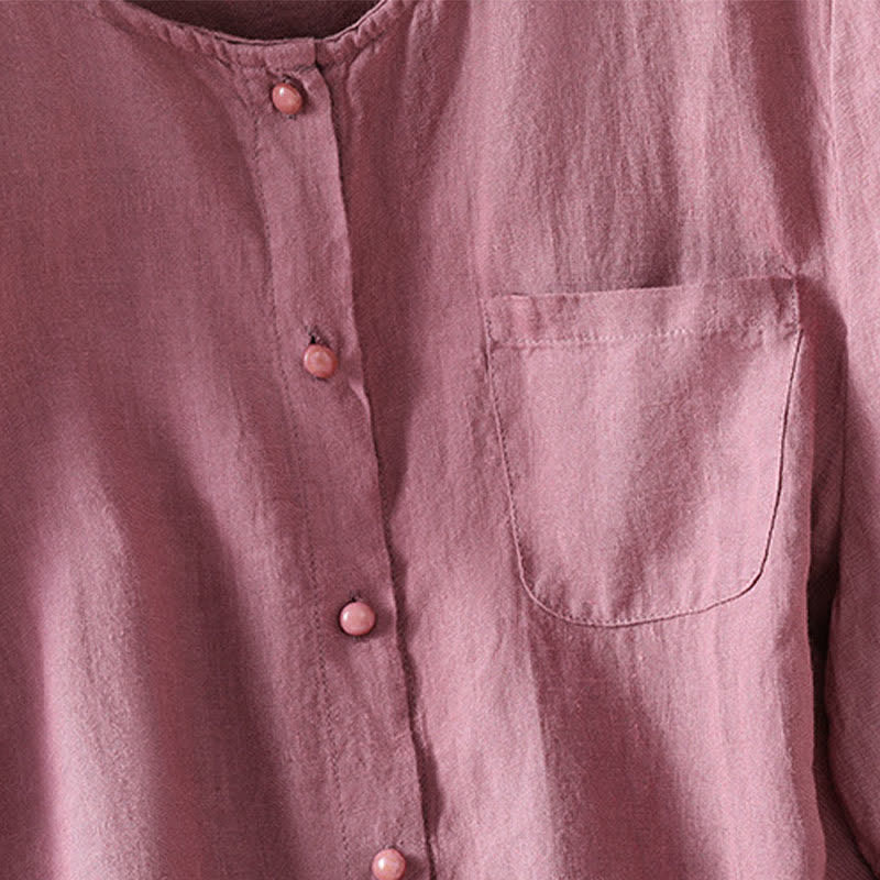 Buddha Stones 夏物カジュアルミニマリストボタンアップ無地レディース半袖シャツ（パッチポケット付き） - image 4