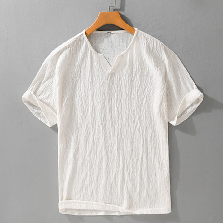 Buddha Stones 夏物カジュアルミニマリスト無地Vネックメンズ半袖Tシャツ - リネン - US/UK/AU42, EU52 （3XL） - image 11
