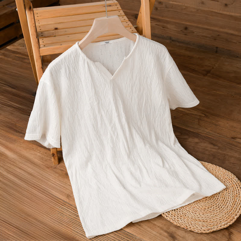 Buddha Stones 夏物カジュアルミニマリスト無地Vネックメンズ半袖Tシャツ - image 12