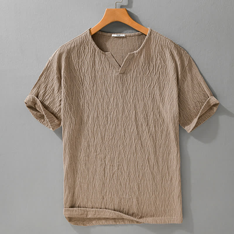 Buddha Stones 夏物カジュアルミニマリスト無地Vネックメンズ半袖Tシャツ - image 6