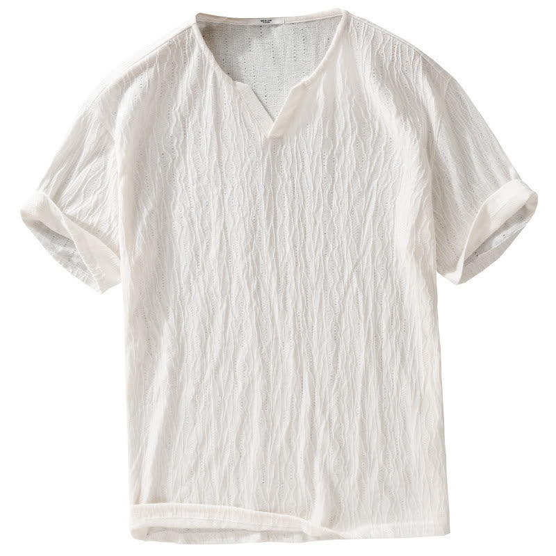 Buddha Stones 夏物カジュアルミニマリスト無地Vネックメンズ半袖Tシャツ - image 14