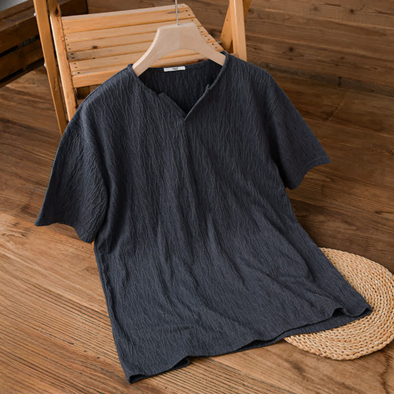 Buddha Stones 夏物カジュアルミニマリスト無地Vネックメンズ半袖Tシャツ - ダークスレートグレー - US/UK/AU42, EU52 （3XL） - image 0