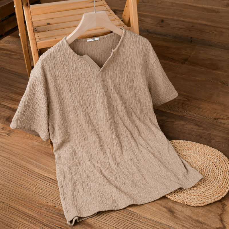 Buddha Stones 夏物カジュアルミニマリスト無地Vネックメンズ半袖Tシャツ - バーリーウッド - US/UK/AU42, EU52 （3XL） - image 5