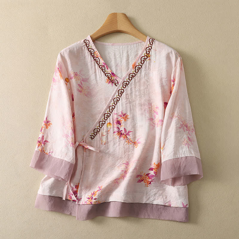 Buddha Stones 夏物ヴィンテージ唐草風刺繍花柄Vネック七分袖Tシャツ - ラベンダーブラッシュ - US8-10, UK/AU12-14, EU40-42 （2XL） - image 0