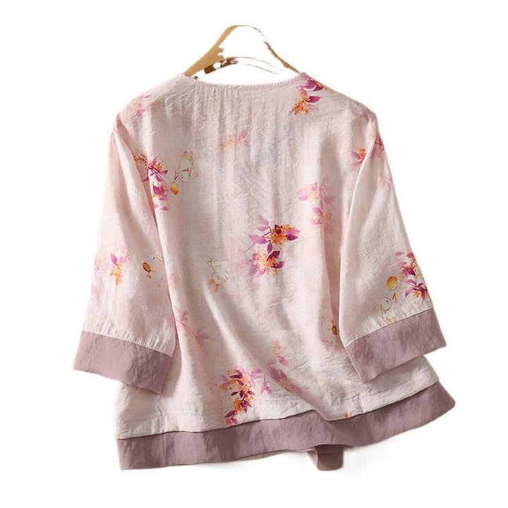 Buddha Stones 夏物ヴィンテージ唐草風刺繍花柄Vネック七分袖Tシャツ - image 1