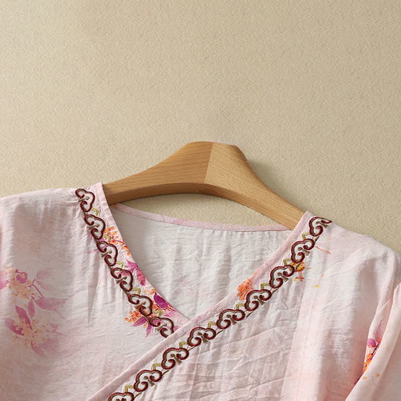 Buddha Stones 夏物ヴィンテージ唐草風刺繍花柄Vネック七分袖Tシャツ - image 2