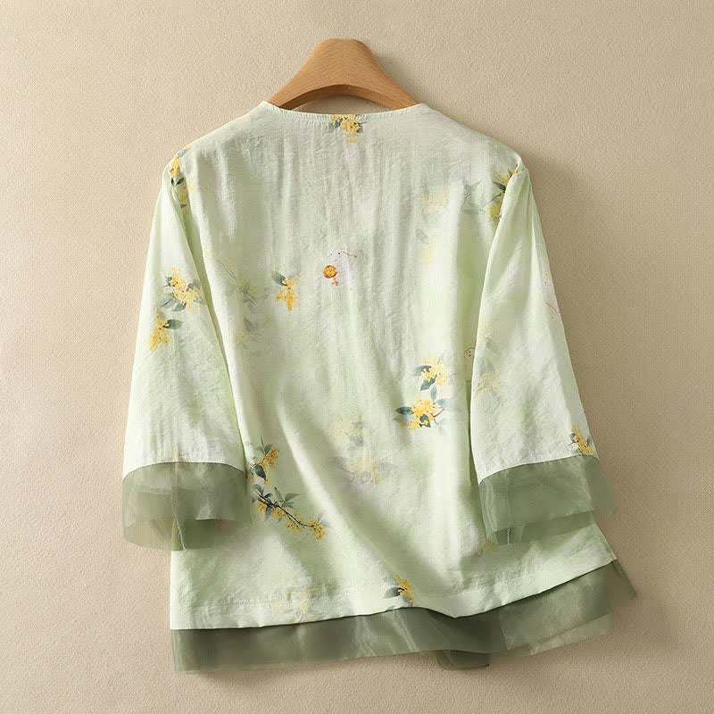 Buddha Stones 夏物ヴィンテージ唐草風刺繍花柄Vネック七分袖Tシャツ - image 10