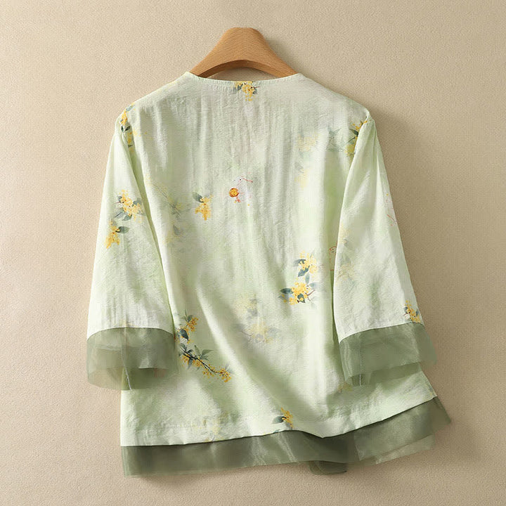 Buddha Stones 夏物ヴィンテージ唐草風刺繍花柄Vネック七分袖Tシャツ - image 10