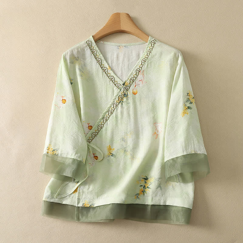 Buddha Stones 夏物ヴィンテージ唐草風刺繍花柄Vネック七分袖Tシャツ - 淡い緑色 - US8-10, UK/AU12-14, EU40-42 （2XL） - image 9
