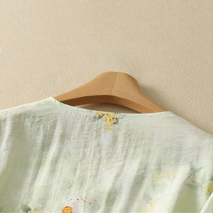 Buddha Stones 夏物ヴィンテージ唐草風刺繍花柄Vネック七分袖Tシャツ - image 12