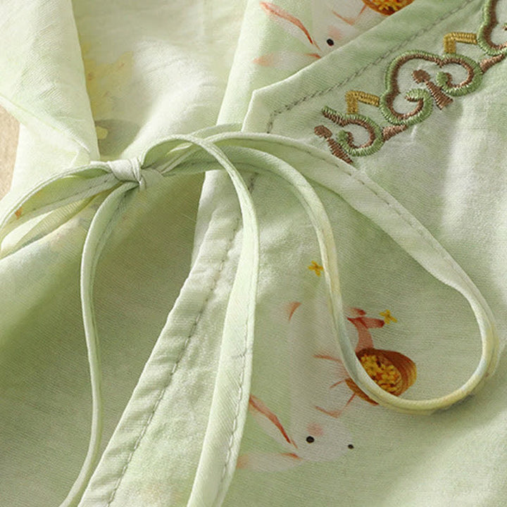 Buddha Stones 夏物ヴィンテージ唐草風刺繍花柄Vネック七分袖Tシャツ - image 14