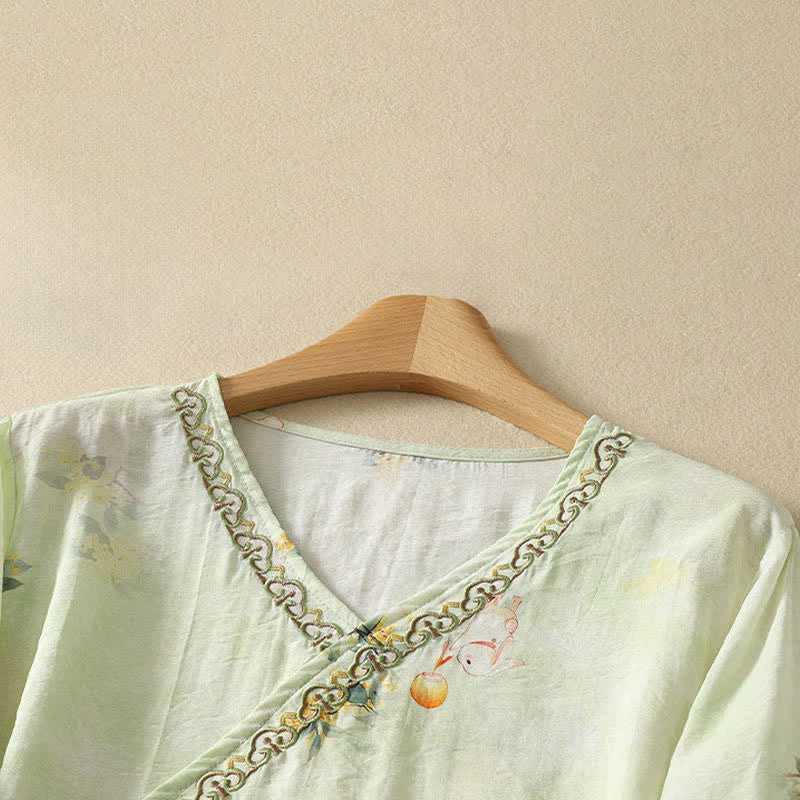 Buddha Stones 夏物ヴィンテージ唐草風刺繍花柄Vネック七分袖Tシャツ - image 11