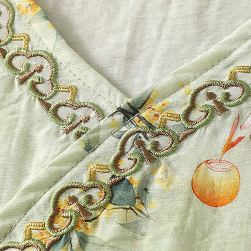 Buddha Stones 夏物ヴィンテージ唐草風刺繍花柄Vネック七分袖Tシャツ - image 13