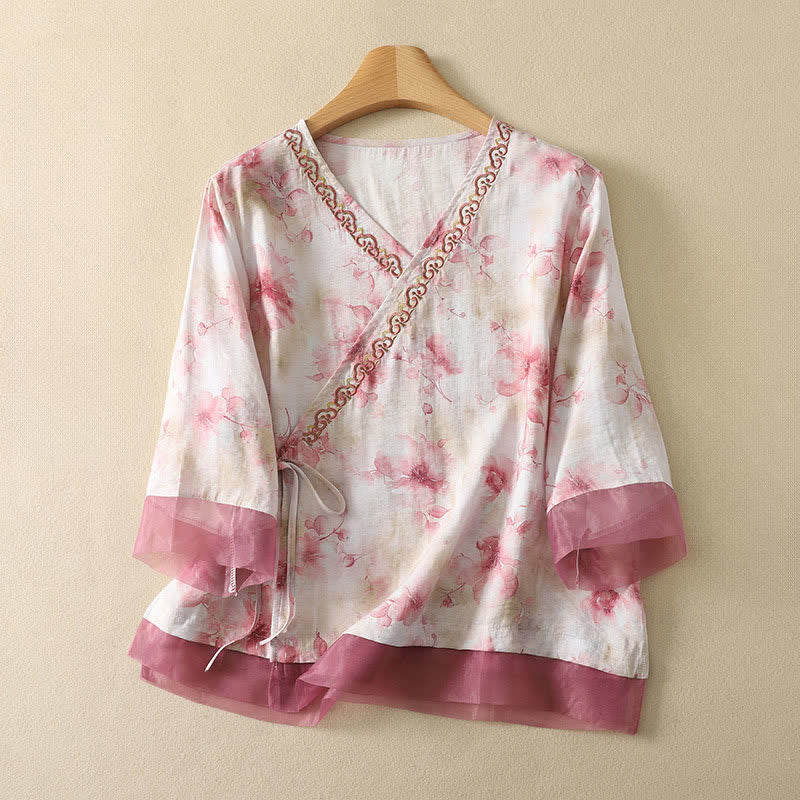 Buddha Stones 夏物ヴィンテージ唐草風刺繍花柄Vネック七分袖Tシャツ - ミスティローズ - US8-10, UK/AU12-14, EU40-42 （2XL） - image 17