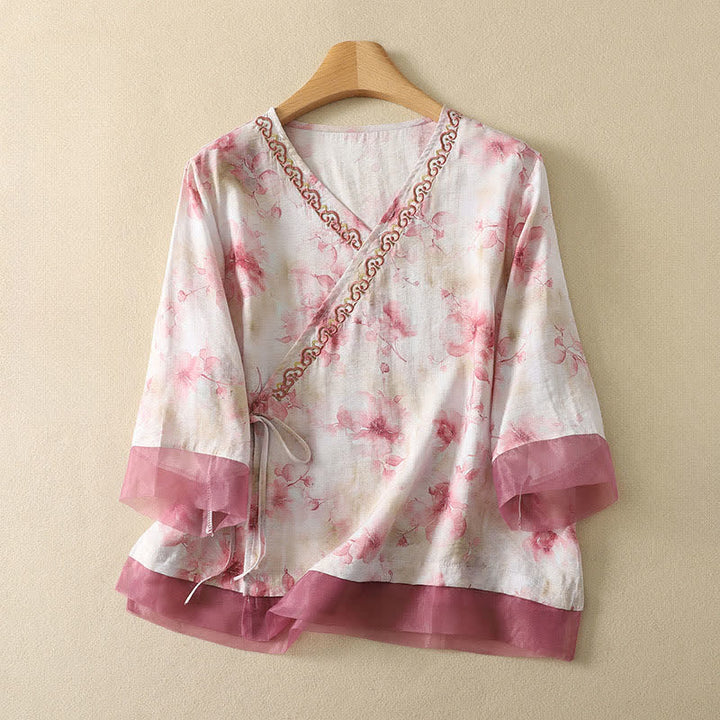 Buddha Stones 夏物ヴィンテージ唐草風刺繍花柄Vネック七分袖Tシャツ - ミスティローズ - US8-10, UK/AU12-14, EU40-42 （2XL） - image 17