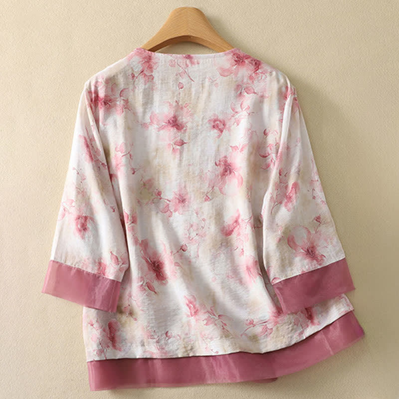 Buddha Stones 夏物ヴィンテージ唐草風刺繍花柄Vネック七分袖Tシャツ - image 18