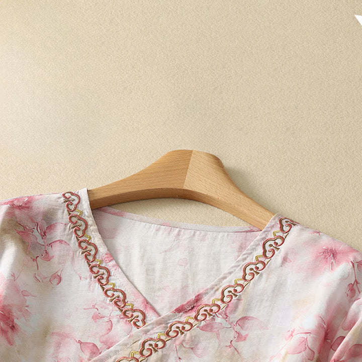 Buddha Stones 夏物ヴィンテージ唐草風刺繍花柄Vネック七分袖Tシャツ - image 19