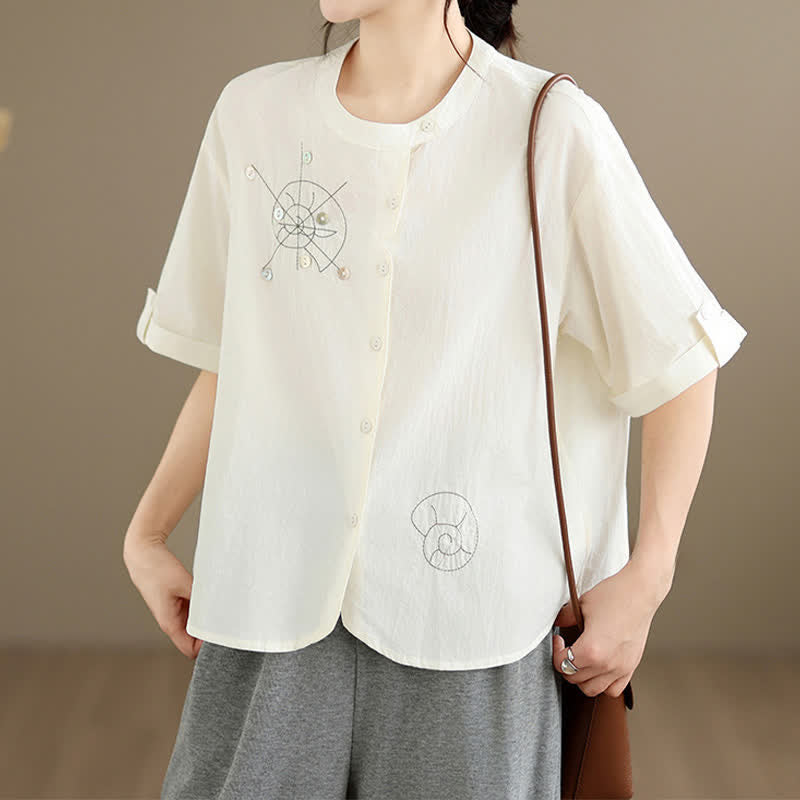 Buddha Stones 夏物カジュアルミニマリスト刺繍カタツムリ柄ボタンアップ幾何学模様レディース半袖シャツ - image 17