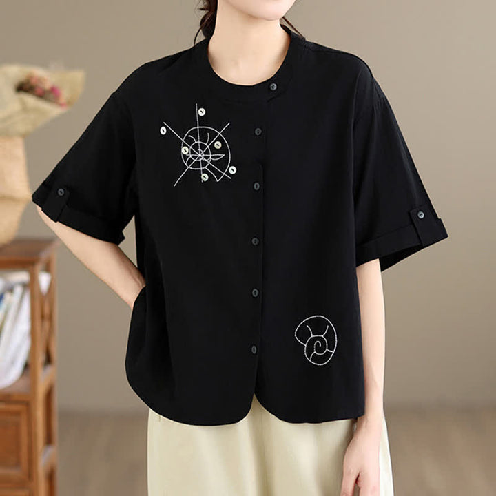Buddha Stones 夏物カジュアルミニマリスト刺繍カタツムリ柄ボタンアップ幾何学模様レディース半袖シャツ - 黒 - US8-10, UK/AU12-14, EU40-42 （2XL） - image 9