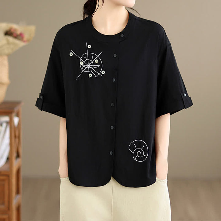 Buddha Stones 夏物カジュアルミニマリスト刺繍カタツムリ柄ボタンアップ幾何学模様レディース半袖シャツ - image 13