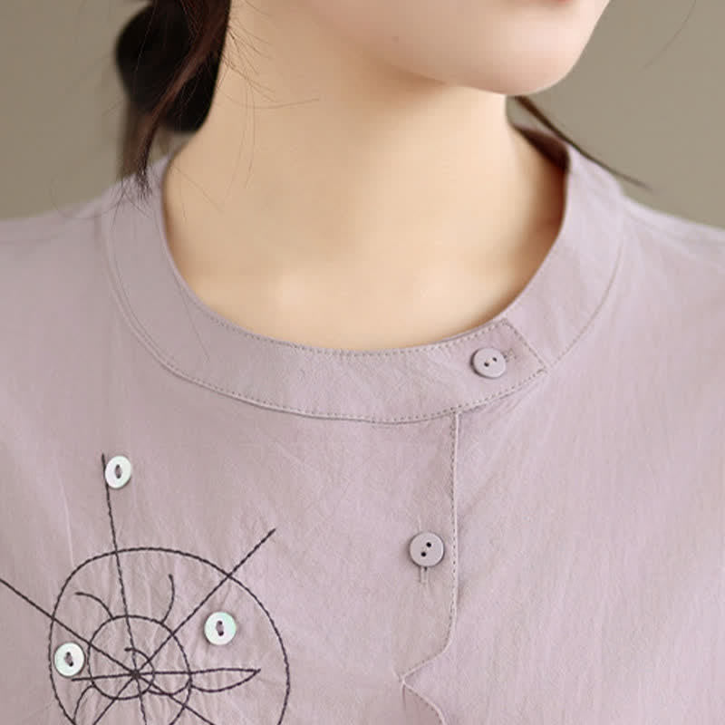 Buddha Stones 夏物カジュアルミニマリスト刺繍カタツムリ柄ボタンアップ幾何学模様レディース半袖シャツ - image 5