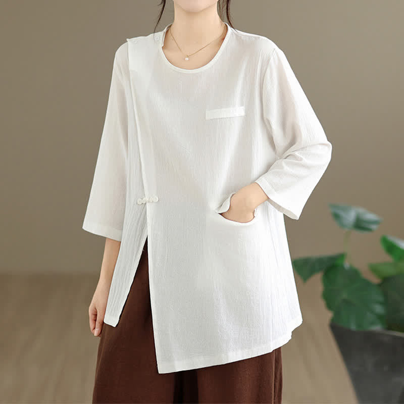 Buddha Stones 夏物 タンスタイル サイドスリット パンコウ 無地 クルーネック レディース 長袖 Tシャツ ポケット付き - image 5