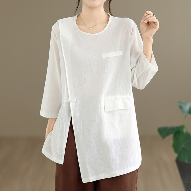Buddha Stones 夏物 タンスタイル サイドスリット パンコウ 無地 クルーネック レディース 長袖 Tシャツ ポケット付き - 白 - US12, UK/AU16, EU44 （3XL） - image 0