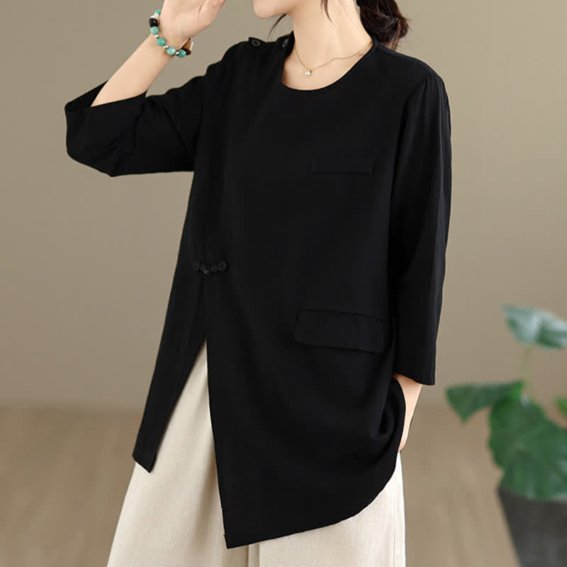 Buddha Stones 夏物 タンスタイル サイドスリット パンコウ 無地 クルーネック レディース 長袖 Tシャツ ポケット付き - image 12