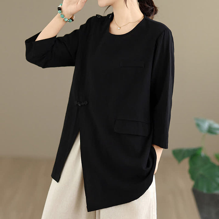 Buddha Stones 夏物 タンスタイル サイドスリット パンコウ 無地 クルーネック レディース 長袖 Tシャツ ポケット付き - image 12