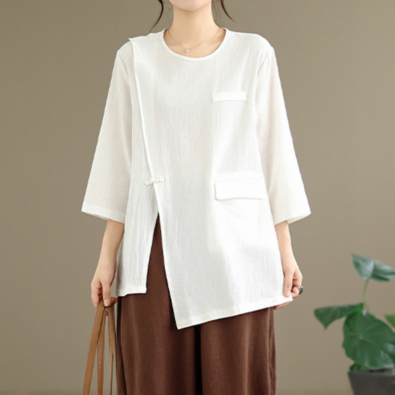 Buddha Stones 夏物 タンスタイル サイドスリット パンコウ 無地 クルーネック レディース 長袖 Tシャツ ポケット付き - image 2