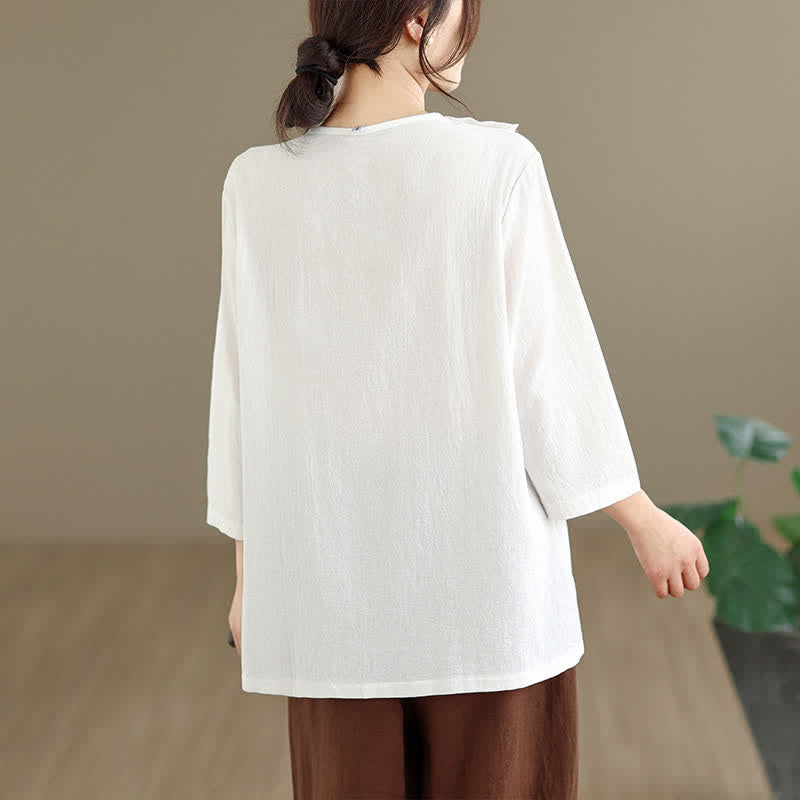 Buddha Stones 夏物 タンスタイル サイドスリット パンコウ 無地 クルーネック レディース 長袖 Tシャツ ポケット付き - image 4