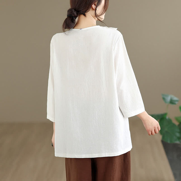 Buddha Stones 夏物 タンスタイル サイドスリット パンコウ 無地 クルーネック レディース 長袖 Tシャツ ポケット付き - image 4