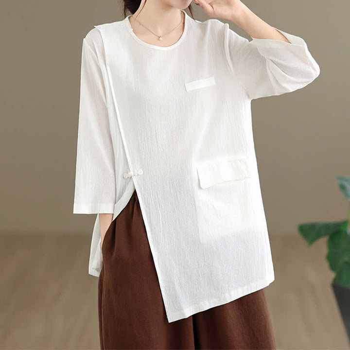Buddha Stones 夏物 タンスタイル サイドスリット パンコウ 無地 クルーネック レディース 長袖 Tシャツ ポケット付き - image 3