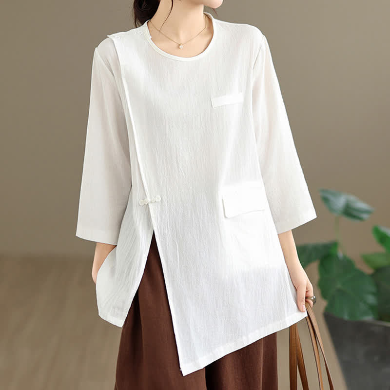 Buddha Stones 夏物 タンスタイル サイドスリット パンコウ 無地 クルーネック レディース 長袖 Tシャツ ポケット付き - image 1