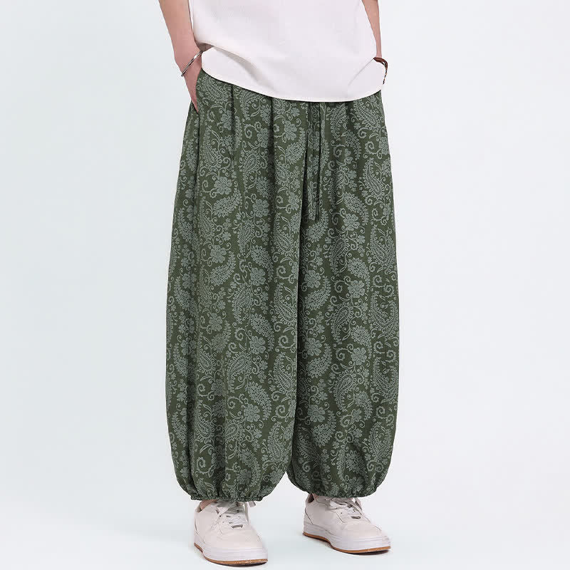 Buddha Stones 夏物 ボヘミアン カジュアル ドローストリング ペイズリー カプリパンツ メンズ ハーレムパンツ ポケット付き - image 1