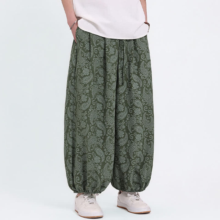 Buddha Stones 夏物 ボヘミアン カジュアル ドローストリング ペイズリー カプリパンツ メンズ ハーレムパンツ ポケット付き - image 1