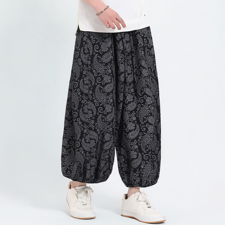 Buddha Stones 夏物 ボヘミアン カジュアル ドローストリング ペイズリー カプリパンツ メンズ ハーレムパンツ ポケット付き - 黒 - US/UK/AU46, EU56 （5XL） - image 6