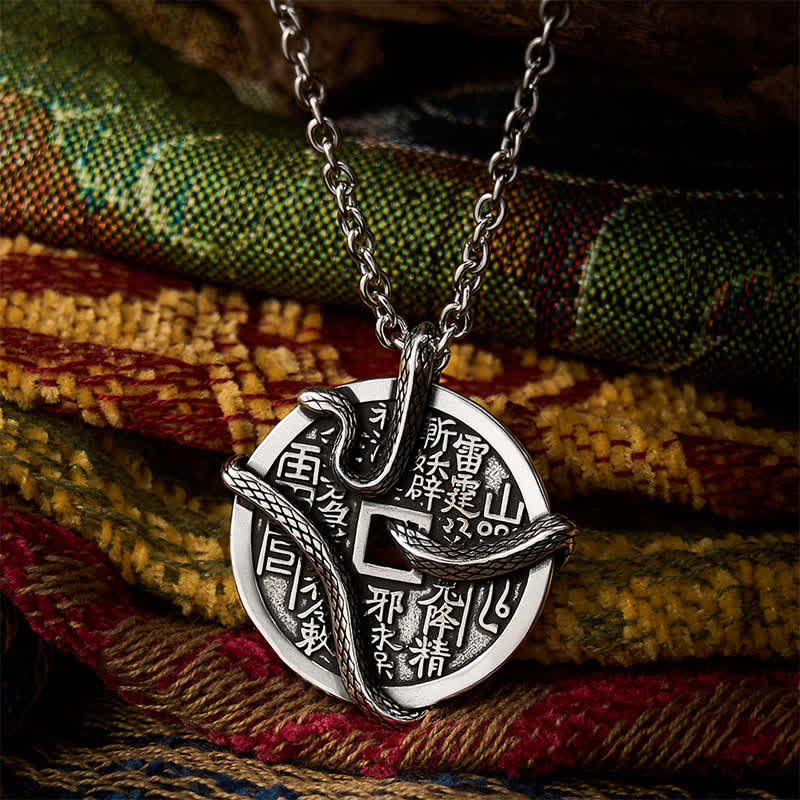 Buddha Stones 銅メッキの銀色の山の幽霊がお金を使う蛇が銅貨に巻き付いたネックレス - 銅（癒し♥富） - image 0