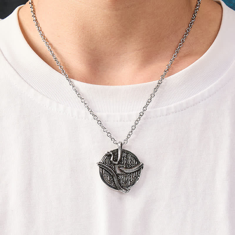 Buddha Stones 銅メッキの銀色の山の幽霊がお金を使う蛇が銅貨に巻き付いたネックレス - image 5