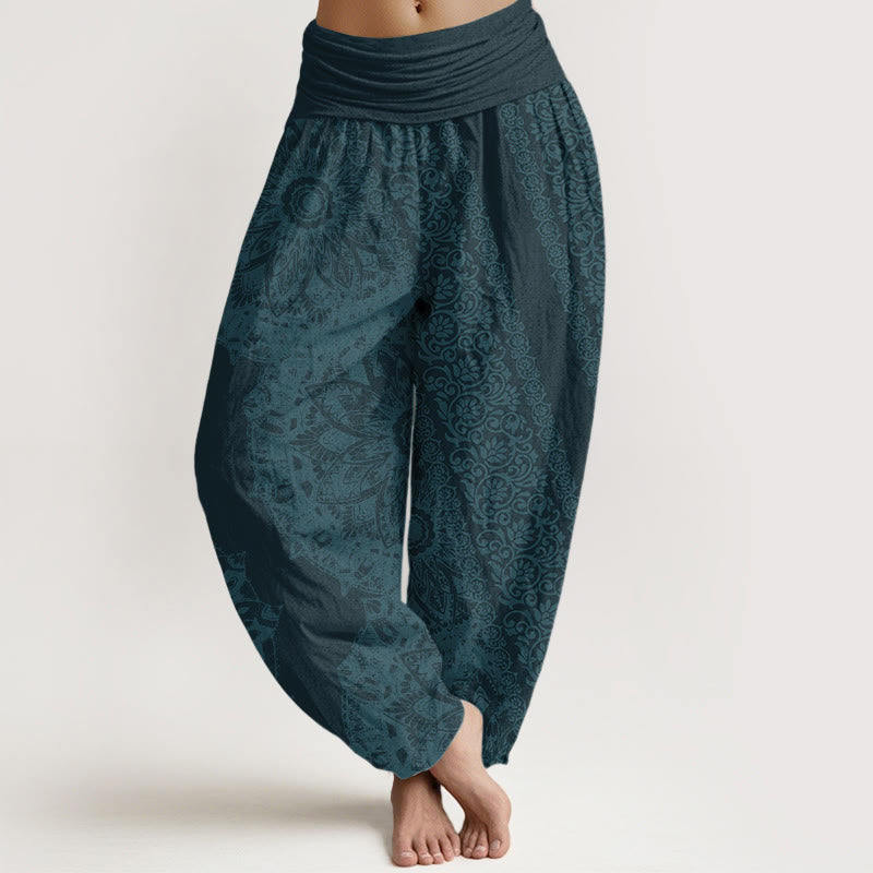 Buddha Stonesピュアコットン マンダラ柄 パラレルフラワー レディース 伸縮性ウエスト ハーレムパンツ - ダークシアン - US22、 UK/AU26、 EU54 (6XL) - image 6