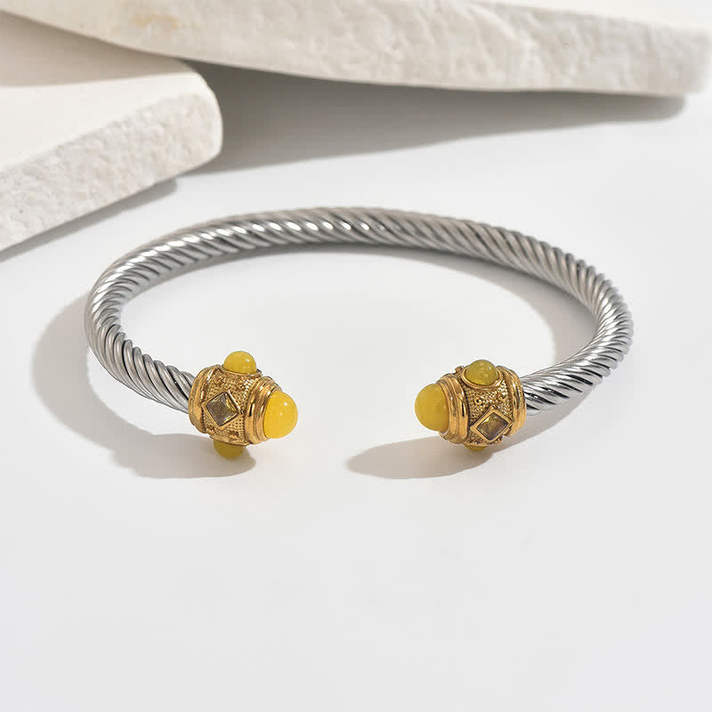 Buddha Stones ステンレススチール製スパイラルエナジーツートーンカフブレスレット - イエロー（イエロージェムアクセント） - image 8